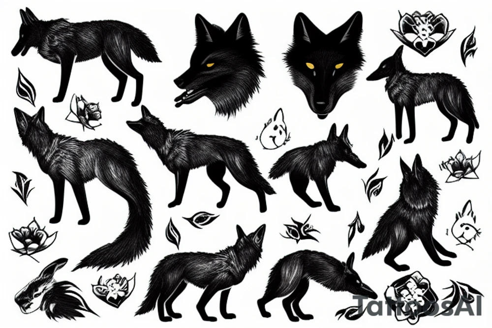 Black wolf in strange pose with white rabbit tattoo idea
