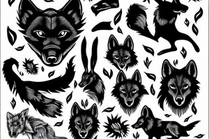 Black wolf in strange pose with white rabbit tattoo idea