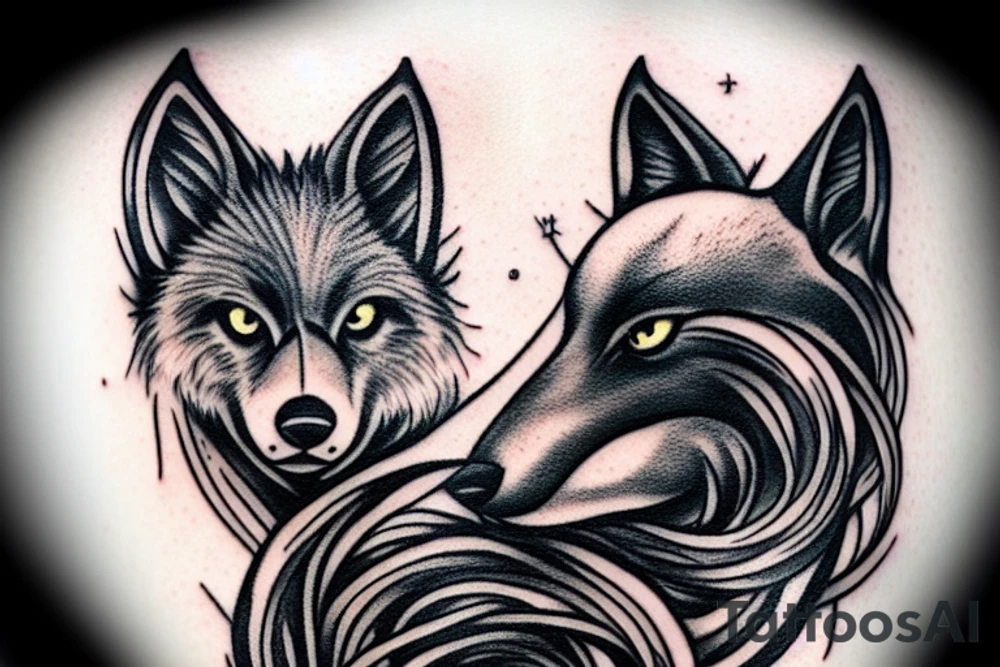Black wolf in strange pose with white rabbit tattoo idea Black wolf in strange pose with white rabbit tattoo idea