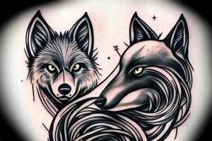 Black wolf in strange pose with white rabbit tattoo idea