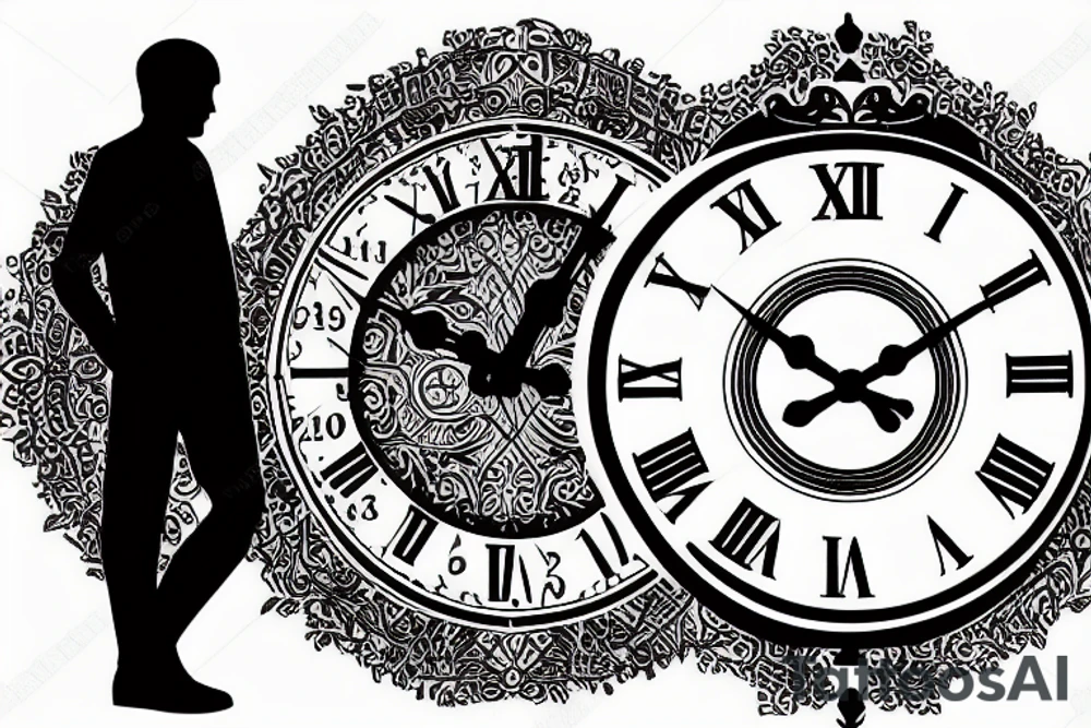 Clock tower with time showing 10:01 with silhouette of man and daughter tattoo idea