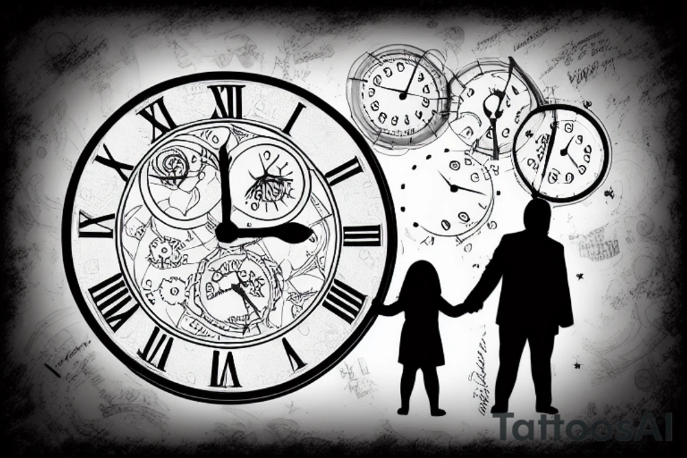 Clock tower with time showing 10:01 with silhouette of man and daughter tattoo idea