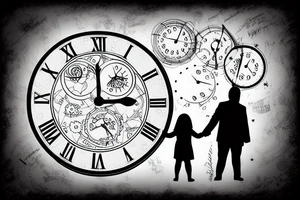 Clock tower with time showing 10:01 with silhouette of man and daughter tattoo idea