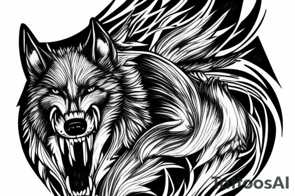Norse designs that fade into a side profile of Fenrir the wolf tattoo idea