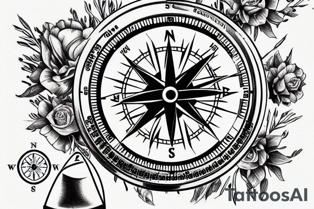 A compass with the date December 9th 2019 in it. With plumbing and flowers tattoo idea