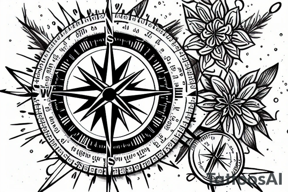 A compass with the date December 9th 2019 in it. With plumbing and flowers tattoo idea