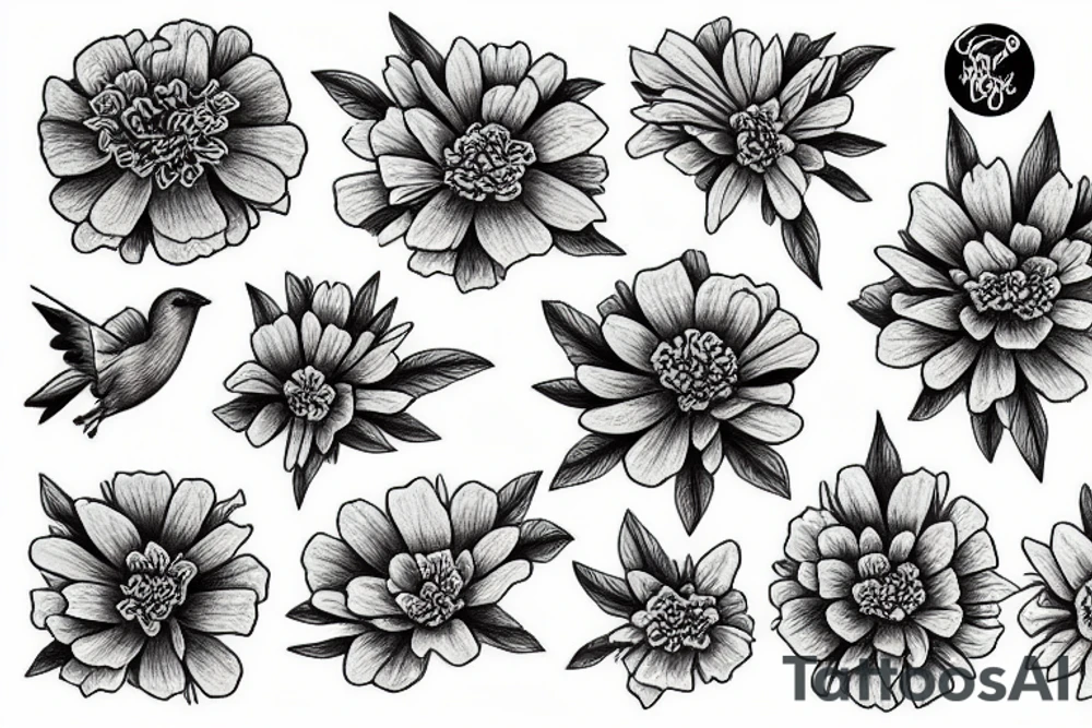 Marigold flower grasped by a flying wren tattoo idea