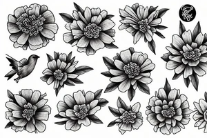 Marigold flower grasped by a flying wren tattoo idea