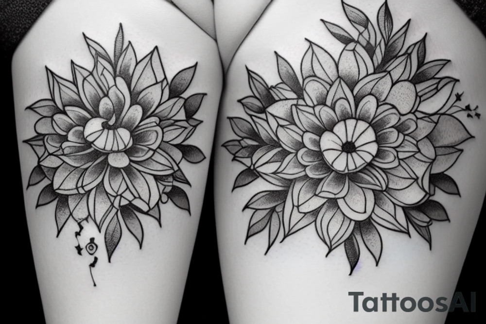 Marigold flower grasped by a flying wren tattoo idea
