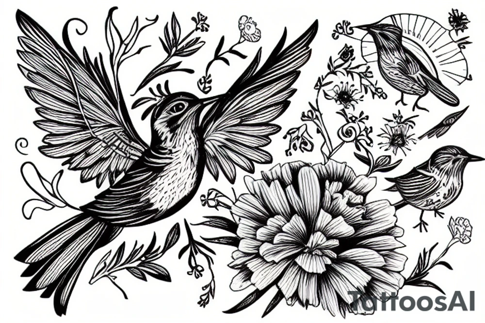 Flying wren, holding a marigold tattoo idea