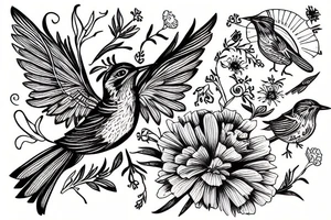 Flying wren, holding a marigold tattoo idea
