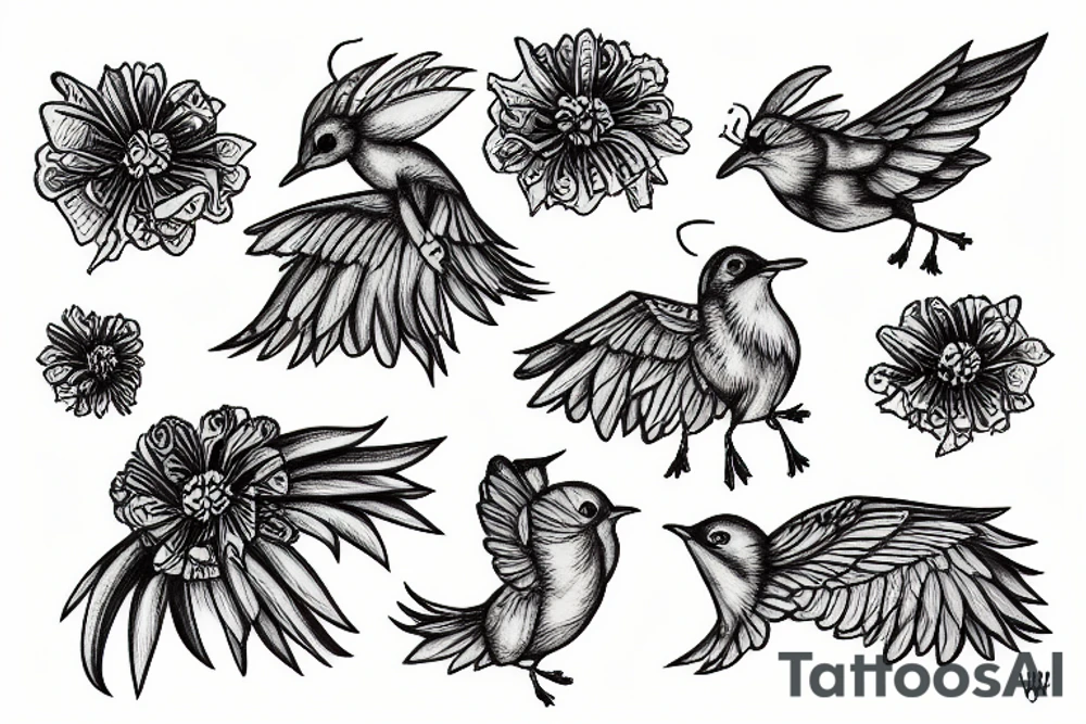 Flying wren, holding a marigold tattoo idea