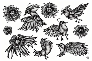 Flying wren, holding a marigold tattoo idea