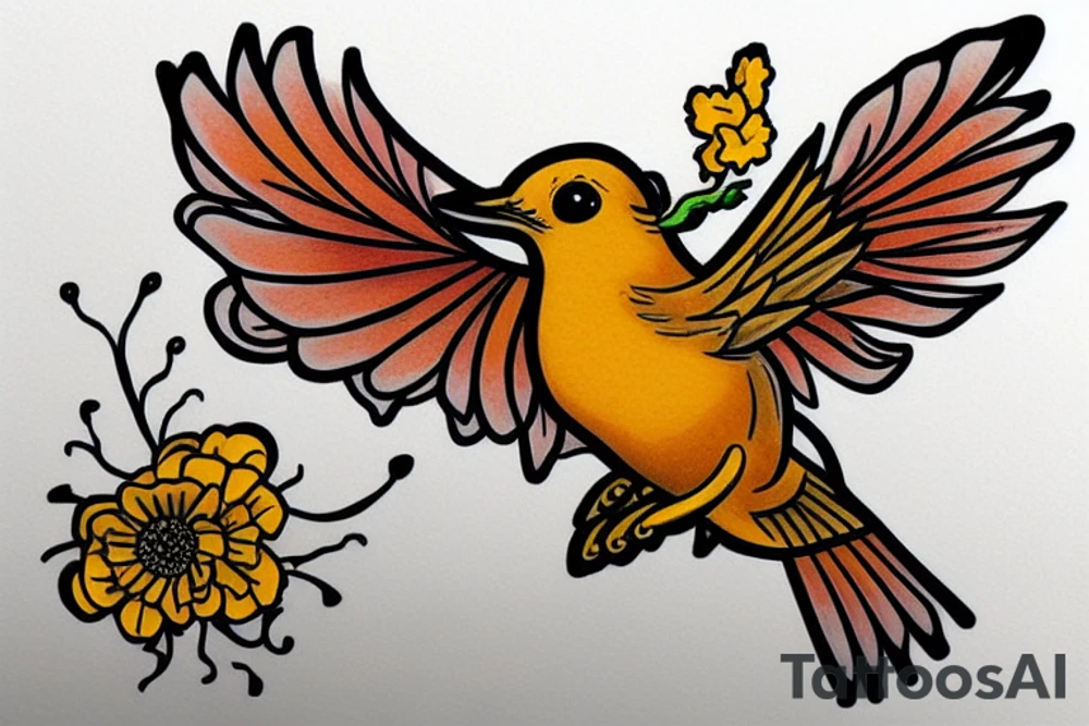 Flying wren, carrying a marigold flower in it's claws tattoo idea