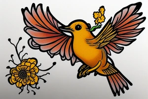 Flying wren, carrying a marigold flower in it's claws tattoo idea