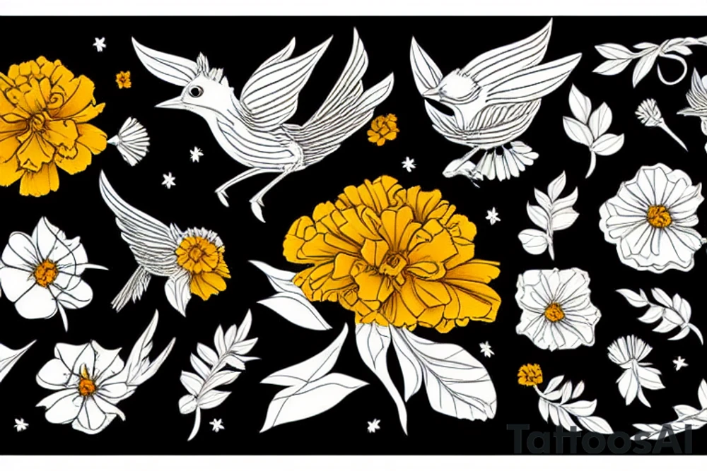Flying wren, carrying a marigold flower in it's claws tattoo idea