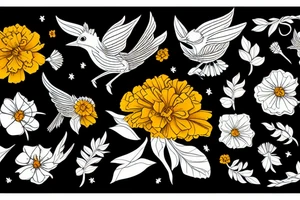 Flying wren, carrying a marigold flower in it's claws tattoo idea