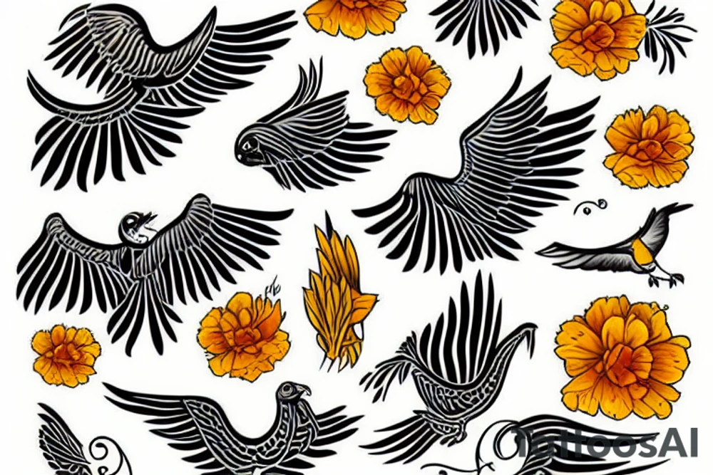 Flying bird, carrying a marigold flower in it's claws tattoo idea