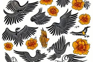 Flying bird, carrying a marigold flower in it's claws tattoo idea