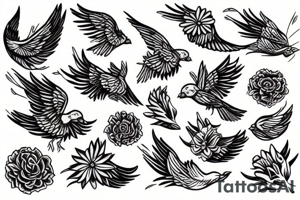 Flying bird, carrying a marigold flower in it's claws tattoo idea