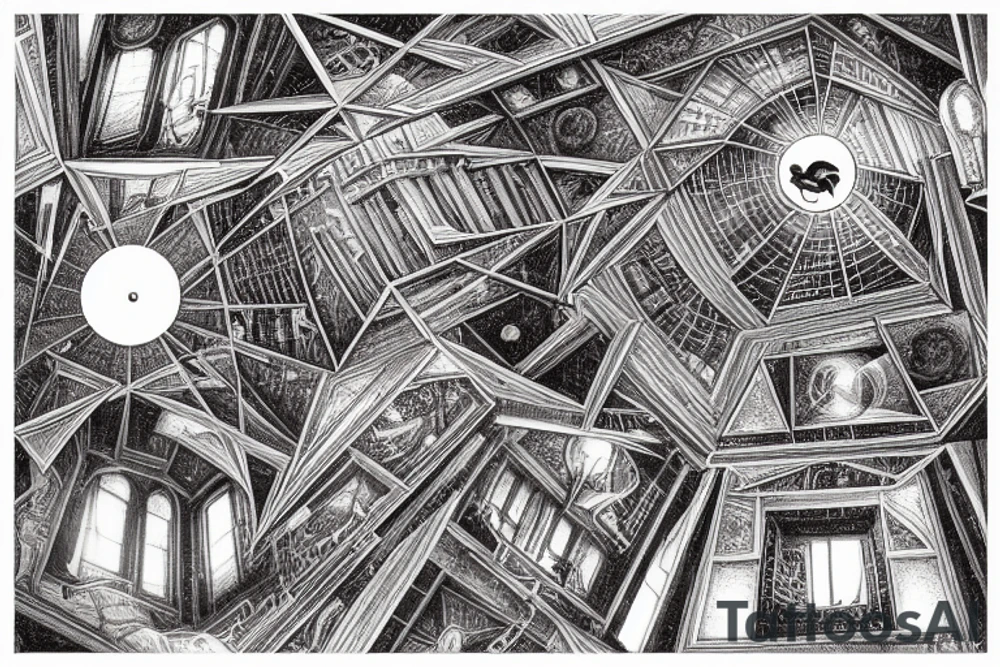 staring up into the infinite celestial library, endless books, flying books, starry, sublime, cinematic lighting, hyper detail, 8k, epic composition, golden ratio, rule of thirds, dark souls, bloodborne tattoo idea