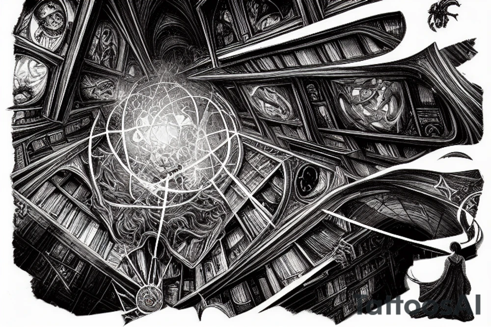 staring up into the infinite celestial library, endless books, flying books, starry, sublime, cinematic lighting, hyper detail, 8k, epic composition, golden ratio, rule of thirds, dark souls, bloodborne tattoo idea