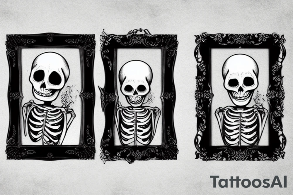 Two depressed skeletons in a gothic picture frame with “the dead days are on their way” around it tattoo idea
