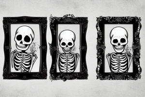 Two depressed skeletons in a gothic picture frame with “the dead days are on their way” around it tattoo idea