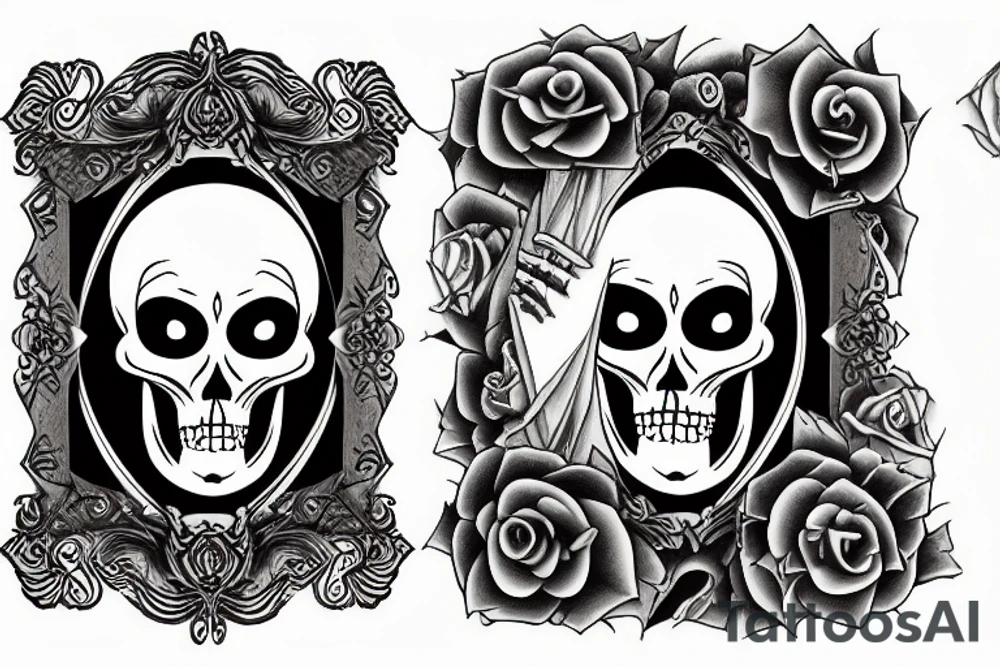 Two depressed skeletons in a gothic picture frame with “the dead days are on their way” around it tattoo idea