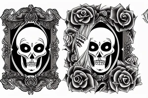Two depressed skeletons in a gothic picture frame with “the dead days are on their way” around it tattoo idea