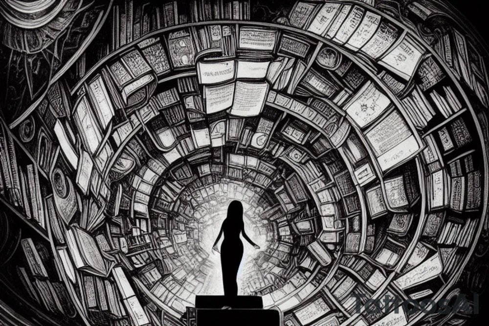 young woman staring up into the infinite celestial library, endless books, flying books, starry, sublime, cinematic lighting, concept art, epic composition, golden ratio, rule of thirds, dark souls, bloodborne tattoo idea