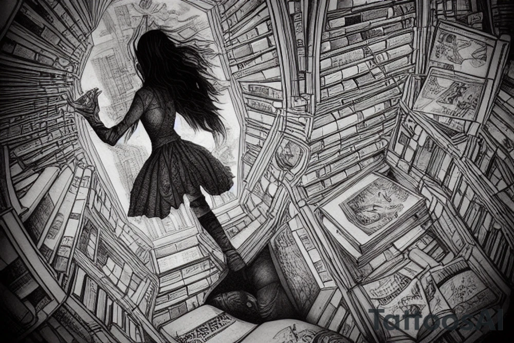 young woman staring up into the infinite celestial library, endless books, flying books, starry, sublime, cinematic lighting, concept art, epic composition, golden ratio, rule of thirds, dark souls, bloodborne tattoo idea