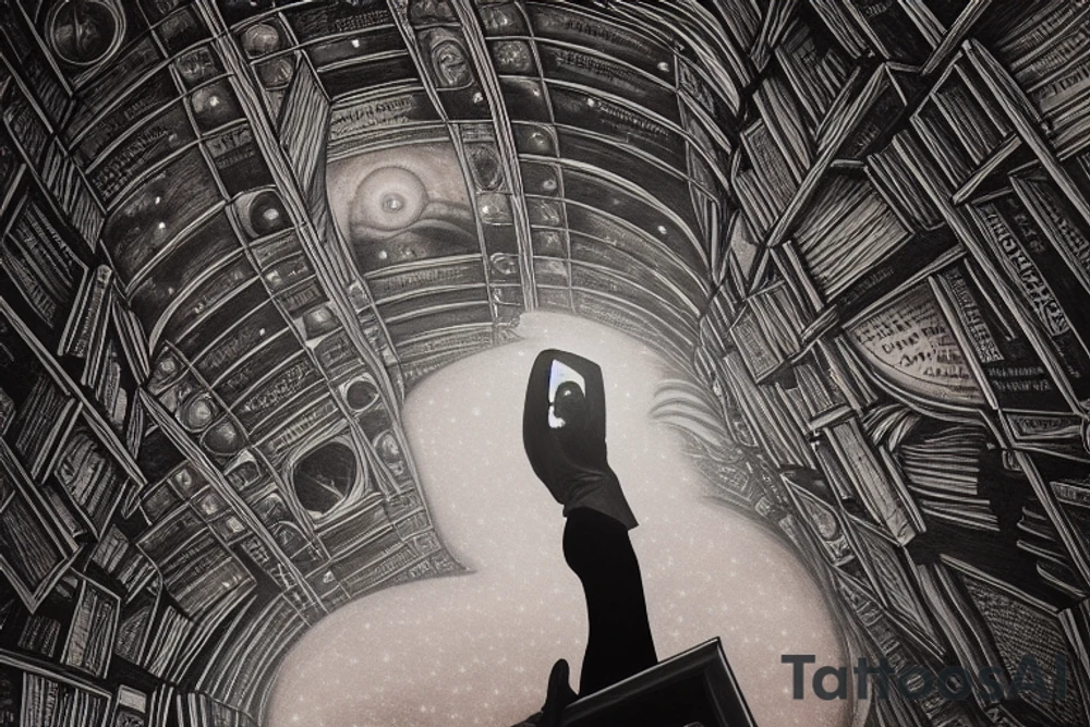 young woman staring up into the infinite celestial library, endless books, flying books, starry, sublime, cinematic lighting, concept art, epic composition, golden ratio, rule of thirds, dark souls, bloodborne tattoo idea