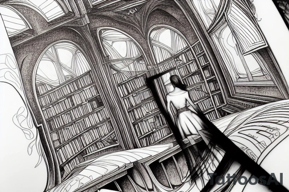 young woman staring up into the infinite celestial library, endless books, flying books, starry, sublime, cinematic lighting, concept art, epic composition, golden ratio, rule of thirds, dark souls, bloodborne tattoo idea
