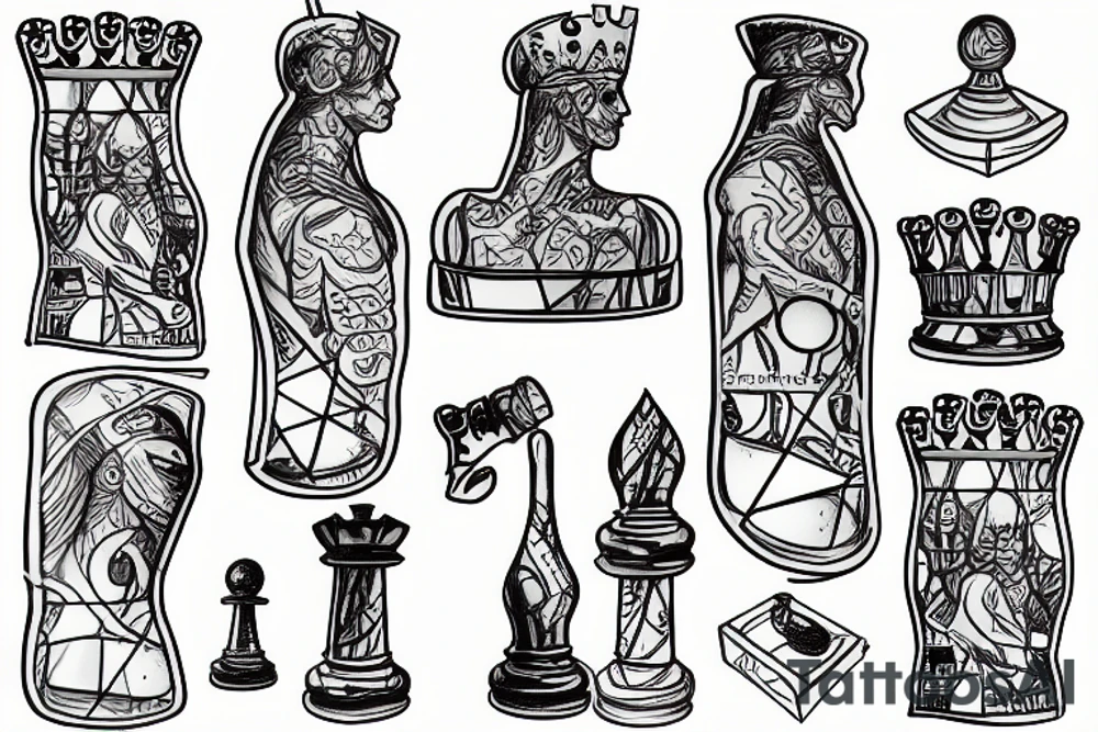 Half-submerged chess King pieces in an open-top transparent box tattoo idea