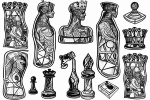 Half-submerged chess King pieces in an open-top transparent box tattoo idea