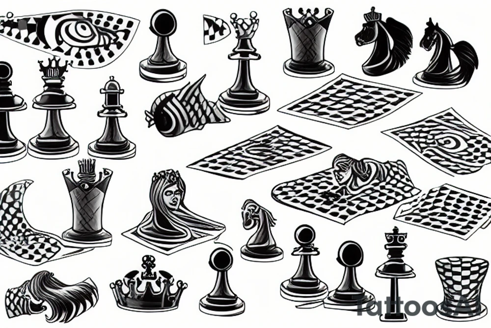 Half-submerged chess King pieces in an open-top transparent box tattoo idea
