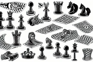 Half-submerged chess King pieces in an open-top transparent box tattoo idea