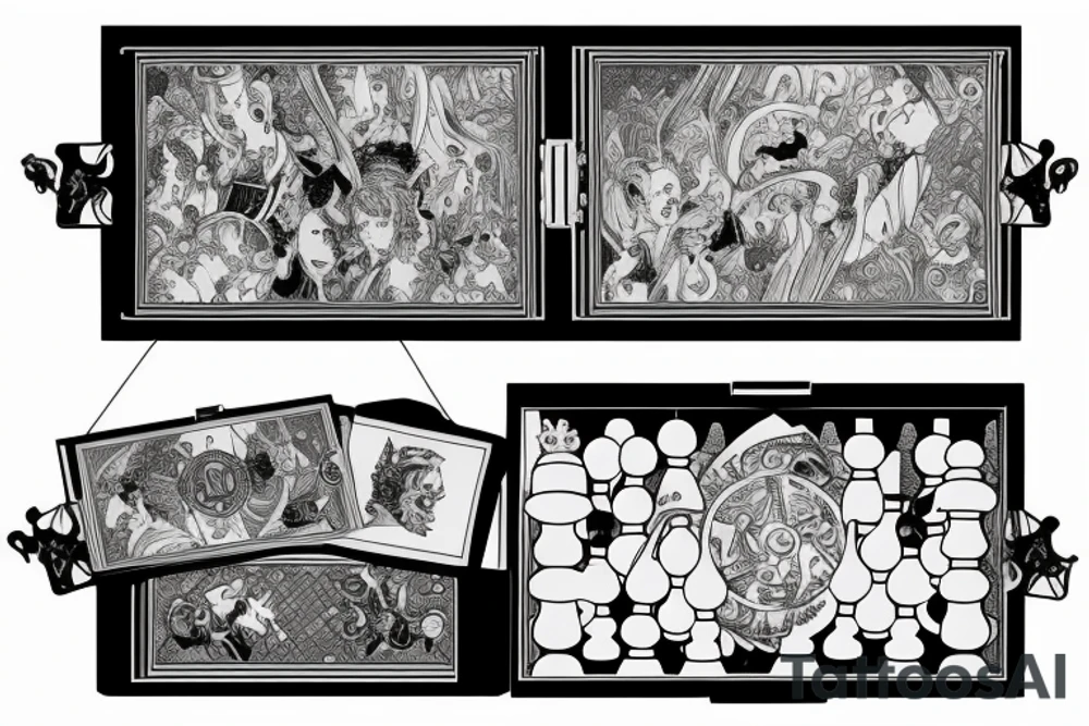 Half-submerged chess King pieces in an open-top transparent box tattoo idea