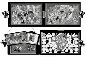 Half-submerged chess King pieces in an open-top transparent box tattoo idea