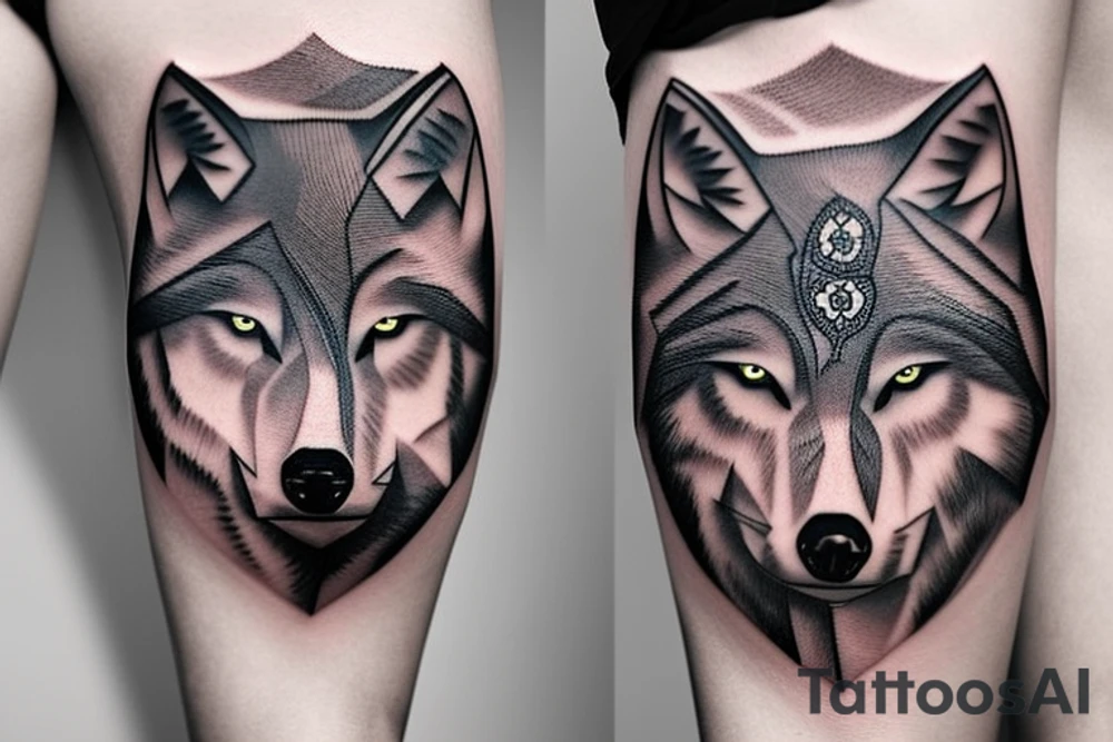 wolf under the moon and ukrainian flag tattoo idea