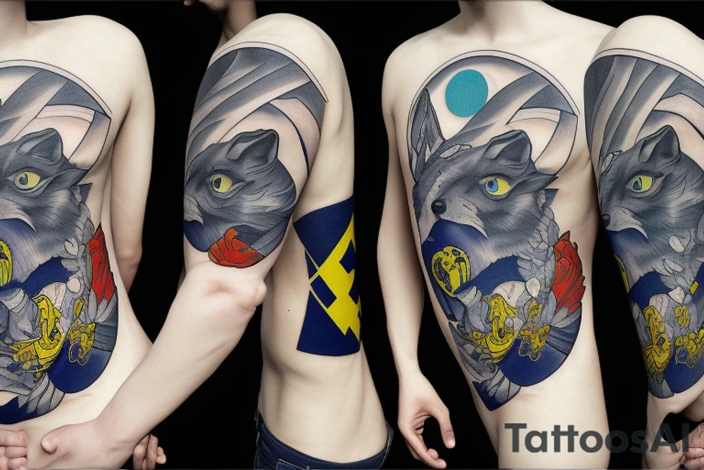 wolf under the moon and ukrainian flag tattoo idea
