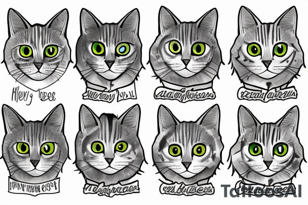 Gray tabby cat with green eyes tattoo idea