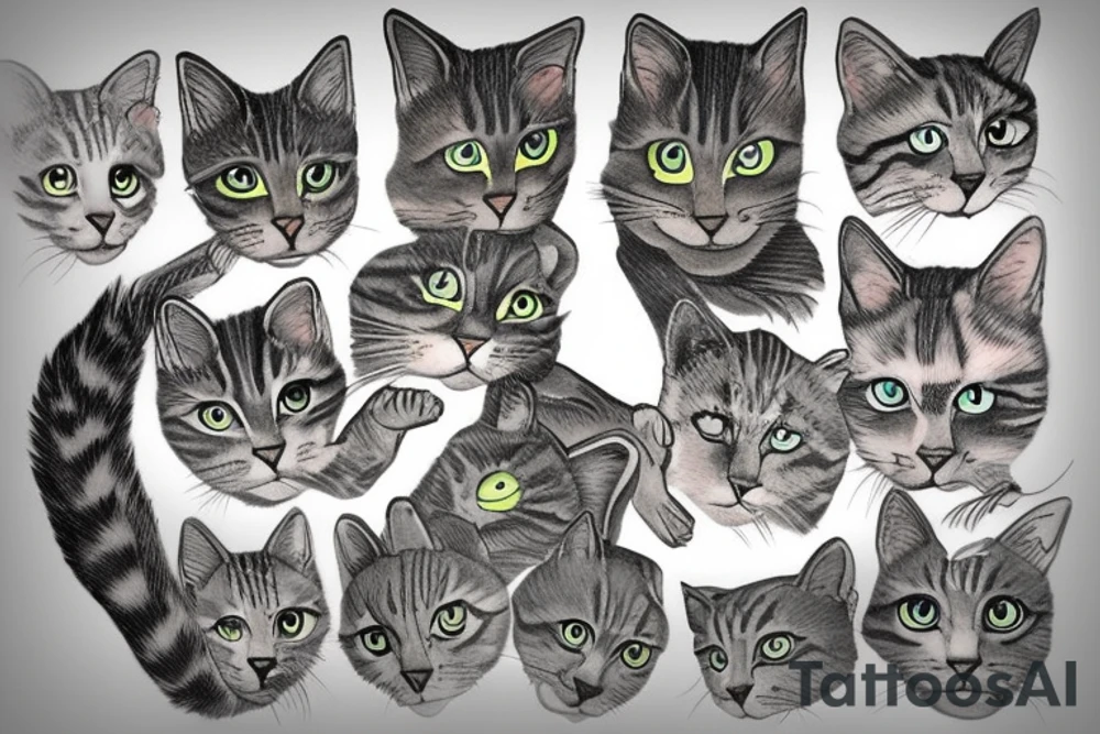 Gray tabby cat with green eyes tattoo idea