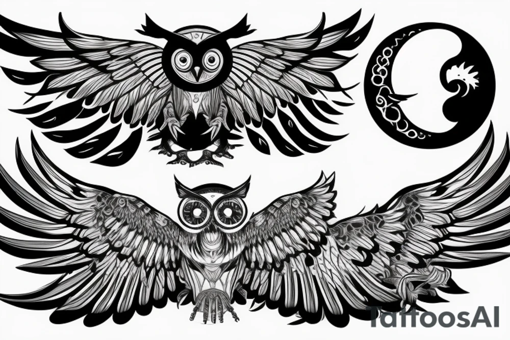 Mechanical owl with wings stretching outward in front of a moon tattoo idea