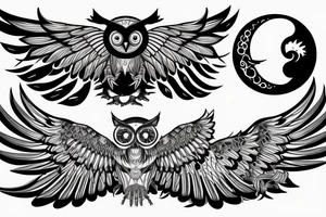 Mechanical owl with wings stretching outward in front of a moon tattoo idea
