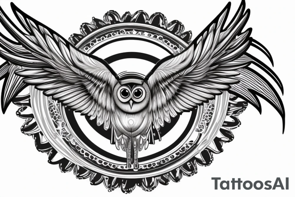 Mechanical owl with wings stretching outward in front of a moon tattoo idea