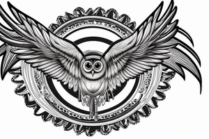 Mechanical owl with wings stretching outward in front of a moon tattoo idea