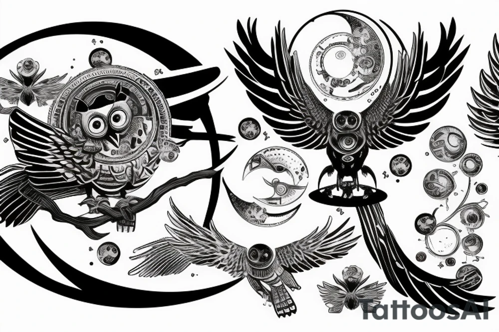 Mechanical owl with wings stretching outward in front of a moon tattoo idea