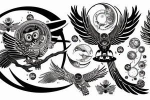 Mechanical owl with wings stretching outward in front of a moon tattoo idea